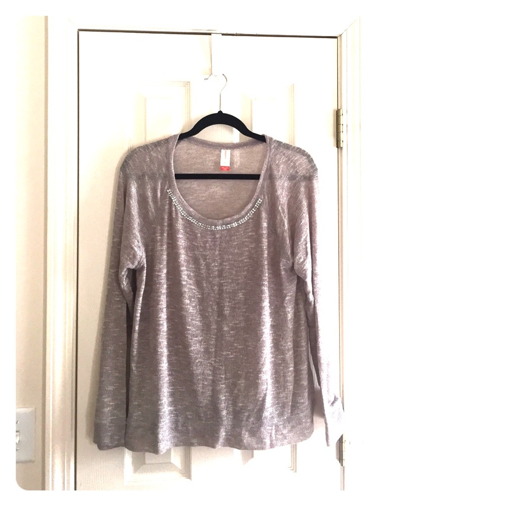 Soft sheer-like long sleeve sweater w/jewel trim